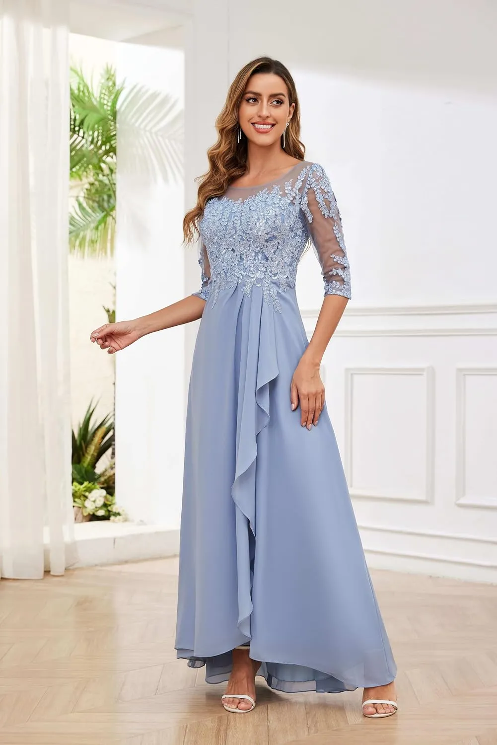 GUKARLEED Women's Ruffles Chiffon Mother of The Bride Dresses 3/4 Sleeve Formal Dress Sequin Appliques Wedding Guest Dress