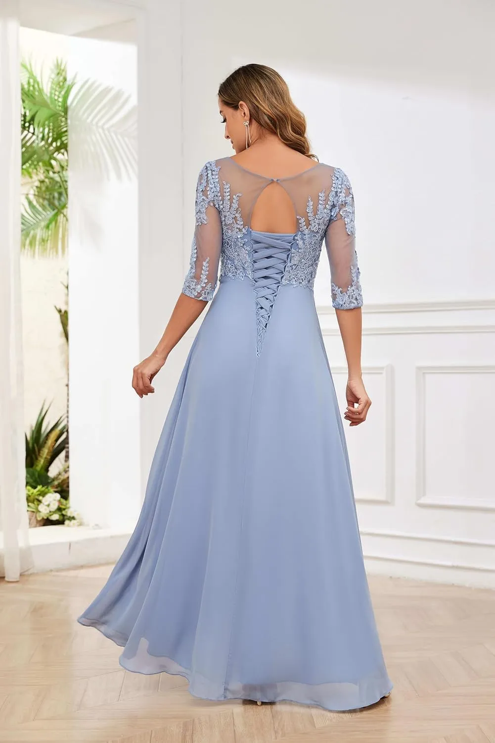 GUKARLEED Women's Ruffles Chiffon Mother of The Bride Dresses 3/4 Sleeve Formal Dress Sequin Appliques Wedding Guest Dress