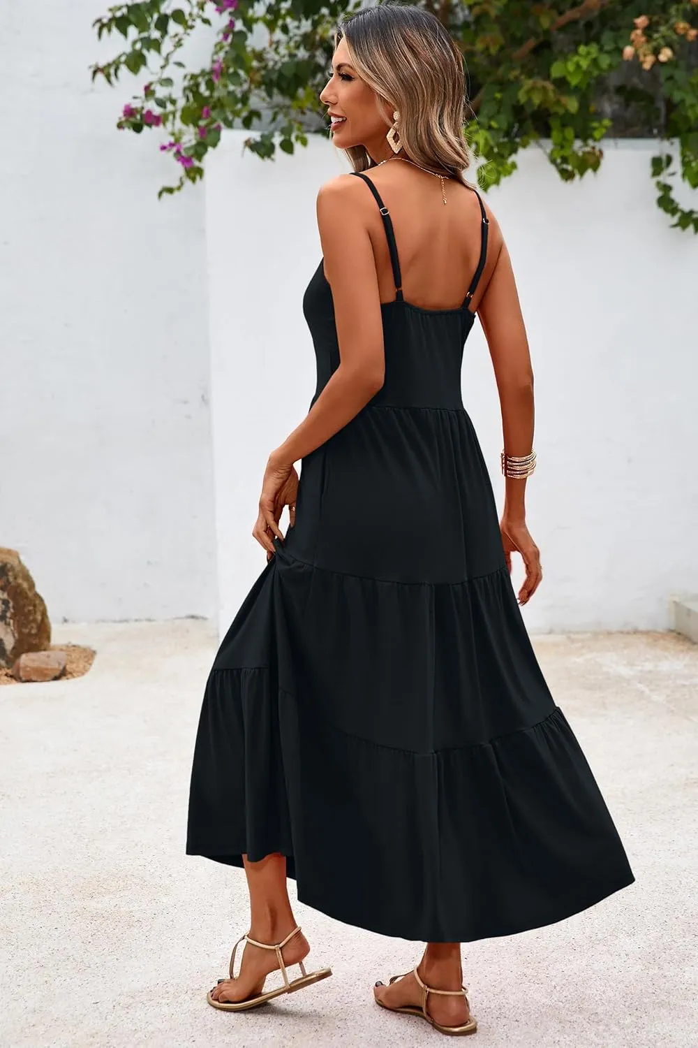 Halife Womens Flowy Tiered Maxi Dress Sleeveless Summer Sundresses Adjustable Straps Long Beach Sun Dresses with Pockets
