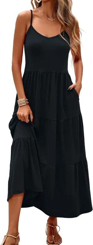 Halife Womens Flowy Tiered Maxi Dress Sleeveless Summer Sundresses Adjustable Straps Long Beach Sun Dresses with Pockets