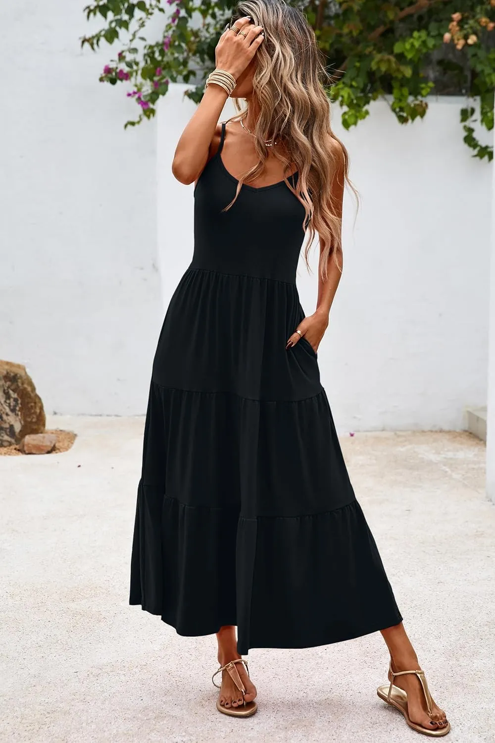 Halife Womens Flowy Tiered Maxi Dress Sleeveless Summer Sundresses Adjustable Straps Long Beach Sun Dresses with Pockets