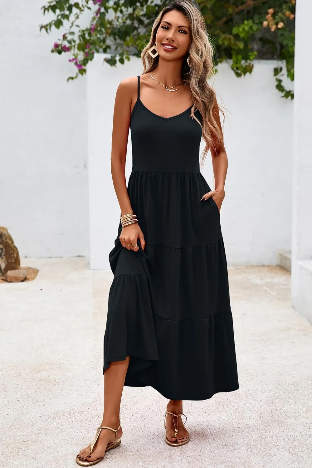 Halife Womens Flowy Tiered Maxi Dress Sleeveless Summer Sundresses Adjustable Straps Long Beach Sun Dresses with Pockets