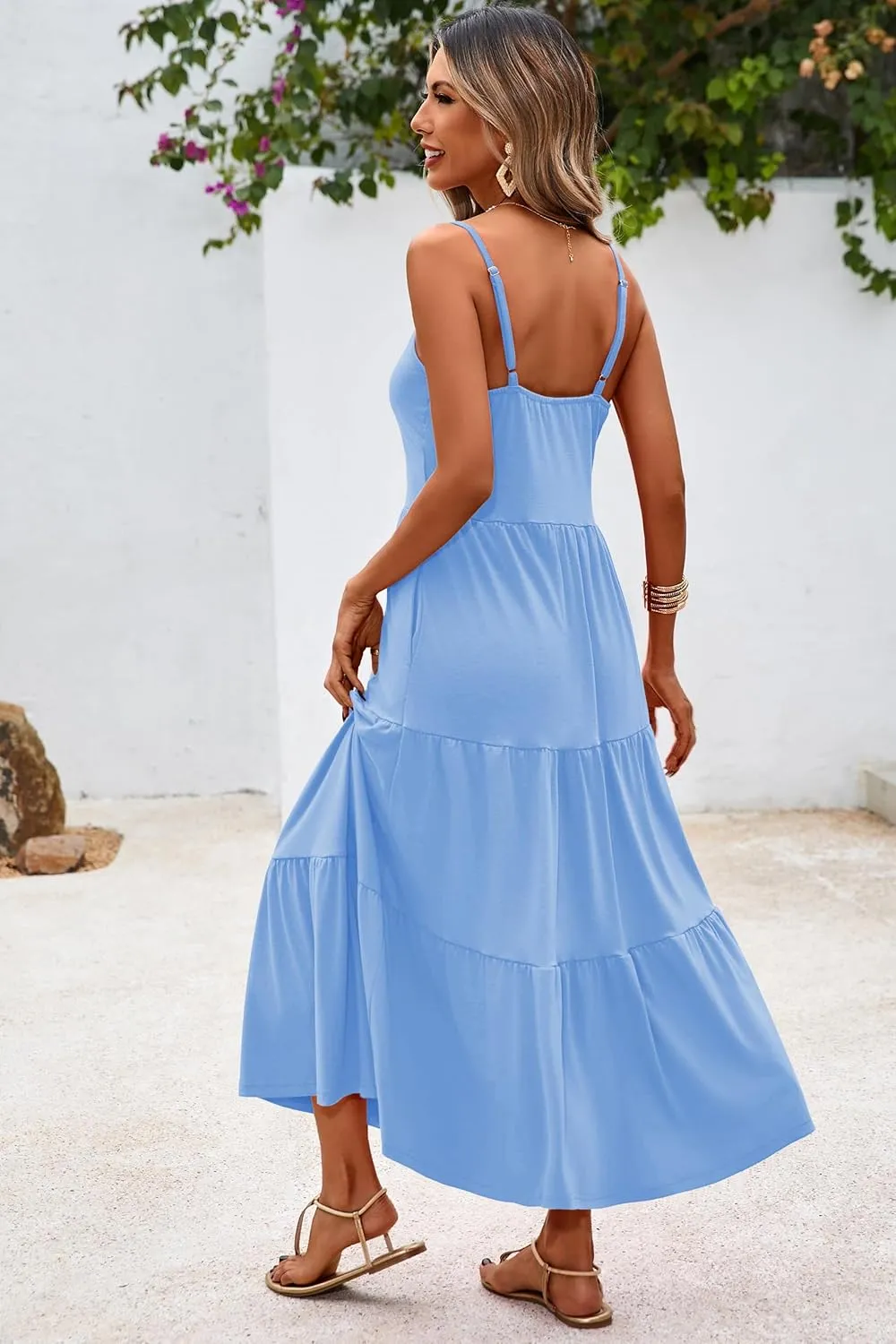 Halife Womens Flowy Tiered Maxi Dress Sleeveless Summer Sundresses Adjustable Straps Long Beach Sun Dresses with Pockets