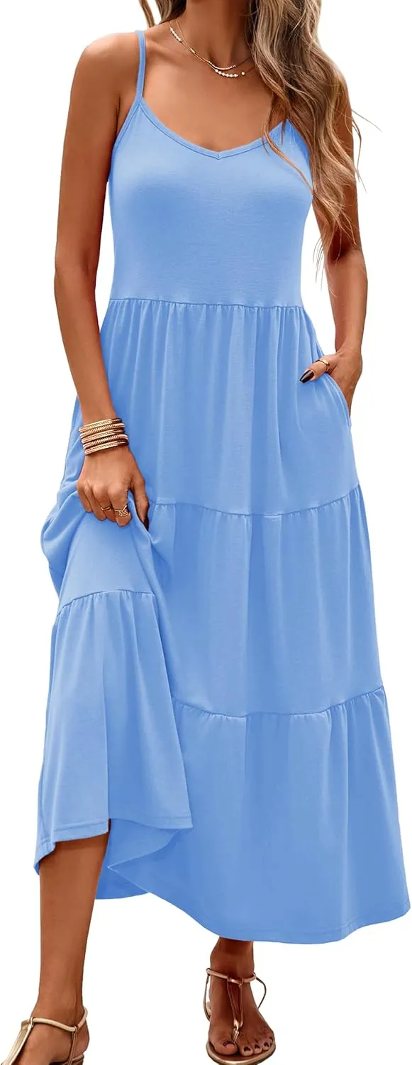 Halife Womens Flowy Tiered Maxi Dress Sleeveless Summer Sundresses Adjustable Straps Long Beach Sun Dresses with Pockets