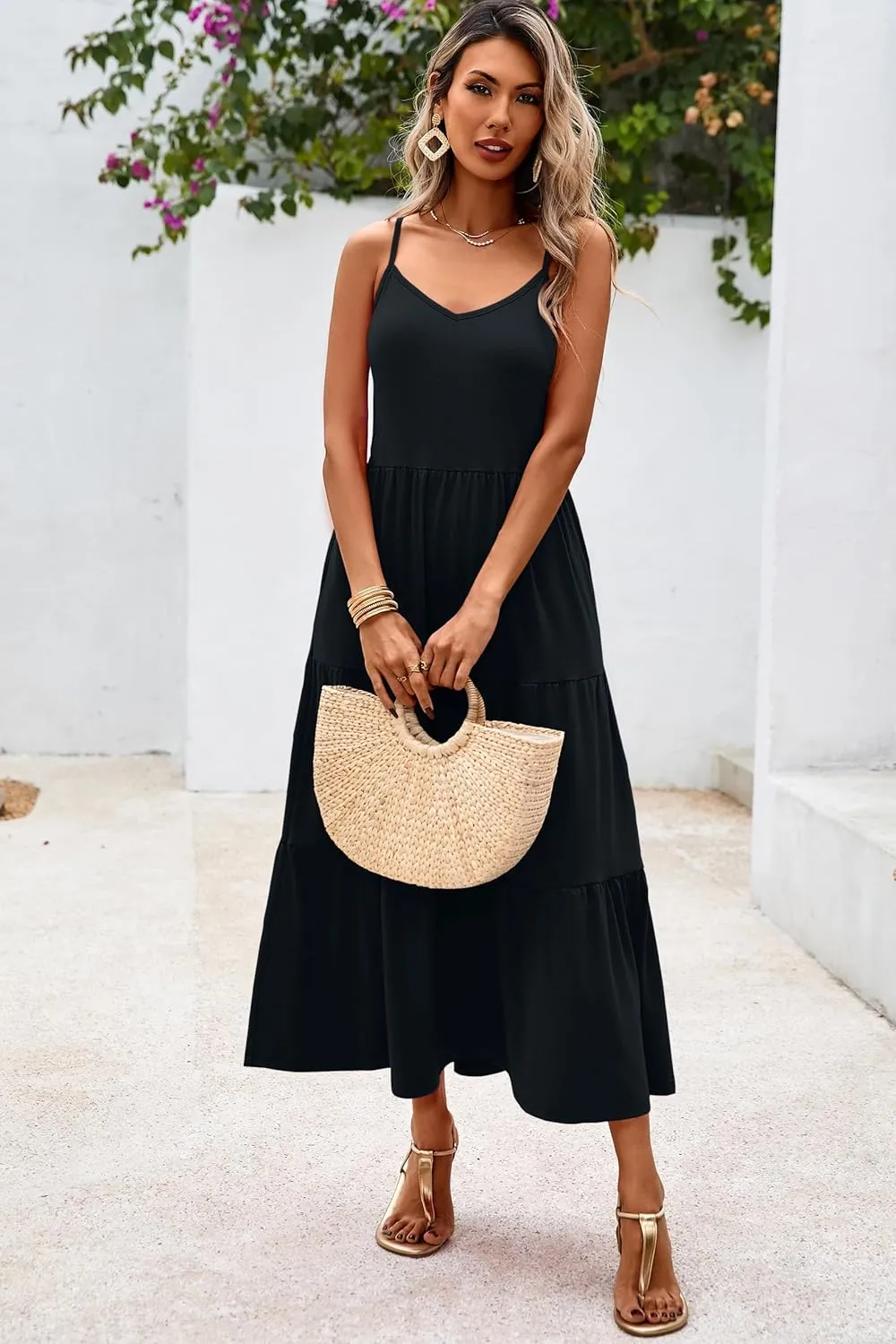 Halife Womens Flowy Tiered Maxi Dress Sleeveless Summer Sundresses Adjustable Straps Long Beach Sun Dresses with Pockets