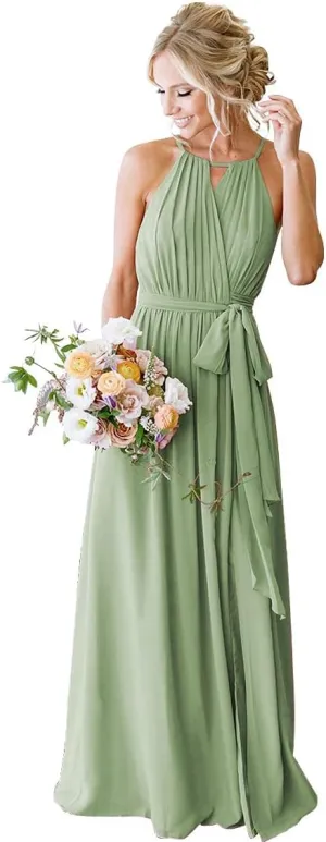Halter Pleated Bridesmaid Dresses for Women 2025 Long Simple A Line Prom Dress with Pockets X06