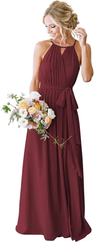 Halter Pleated Bridesmaid Dresses for Women 2025 Long Simple A Line Prom Dress with Pockets X06
