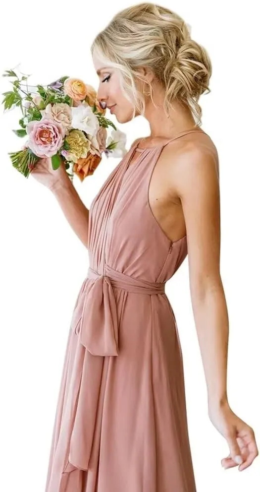 Halter Pleated Bridesmaid Dresses for Women 2025 Long Simple A Line Prom Dress with Pockets X06