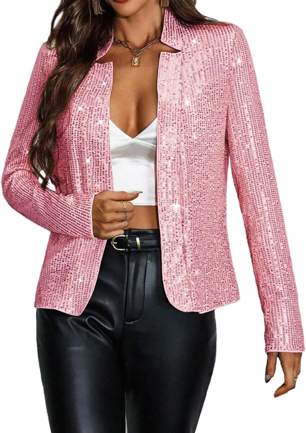 Haoohu Womens Sequin Short Jackets Long Sleeve Open Front Coat Glitter Blazer Casual Coat Party Clubwear