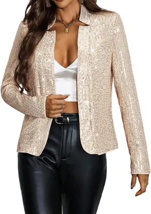 Haoohu Womens Sequin Short Jackets Long Sleeve Open Front Coat Glitter Blazer Casual Coat Party Clubwear