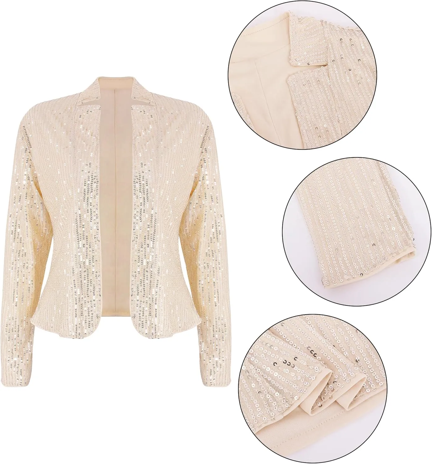 Haoohu Womens Sequin Short Jackets Long Sleeve Open Front Coat Glitter Blazer Casual Coat Party Clubwear
