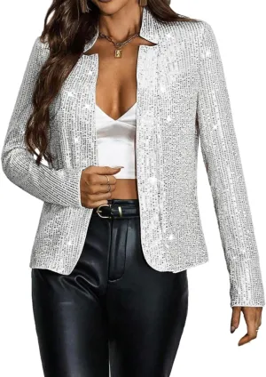 Haoohu Womens Sequin Short Jackets Long Sleeve Open Front Coat Glitter Blazer Casual Coat Party Clubwear