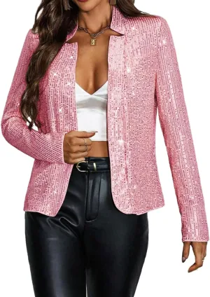 Haoohu Womens Sequin Short Jackets Long Sleeve Open Front Coat Glitter Blazer Casual Coat Party Clubwear