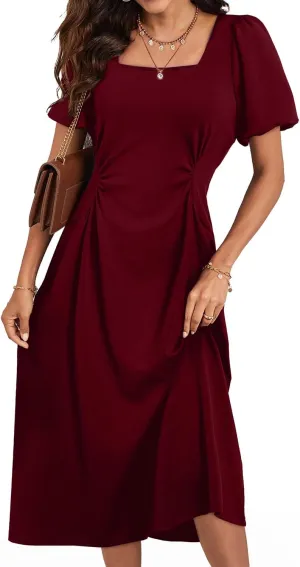 Happy Sailed Women's Summer Short Sleeve Square Neck Ruched Waist Flowy A Line Midi Cocktail Party Dress