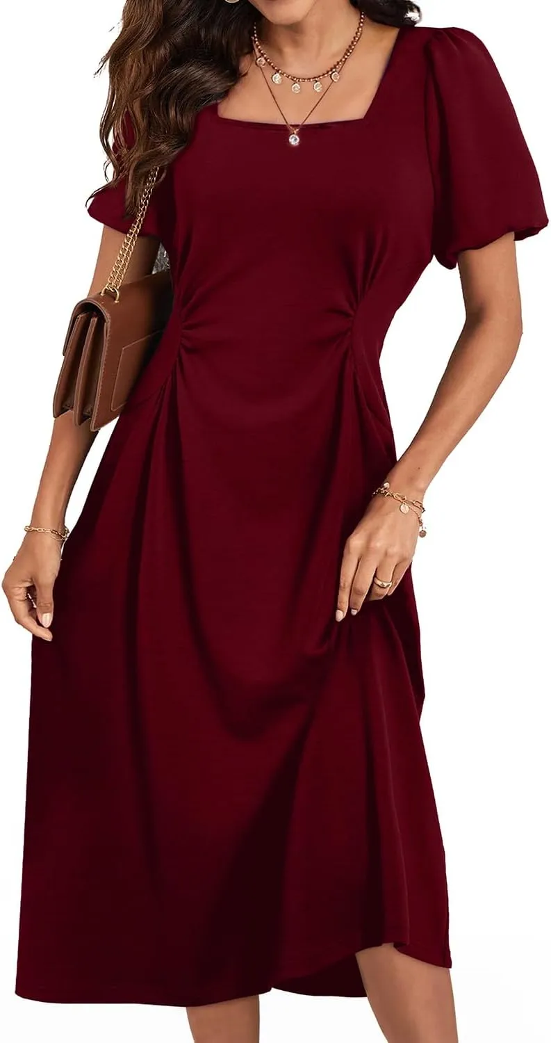 Happy Sailed Women's Summer Short Sleeve Square Neck Ruched Waist Flowy A Line Midi Cocktail Party Dress
