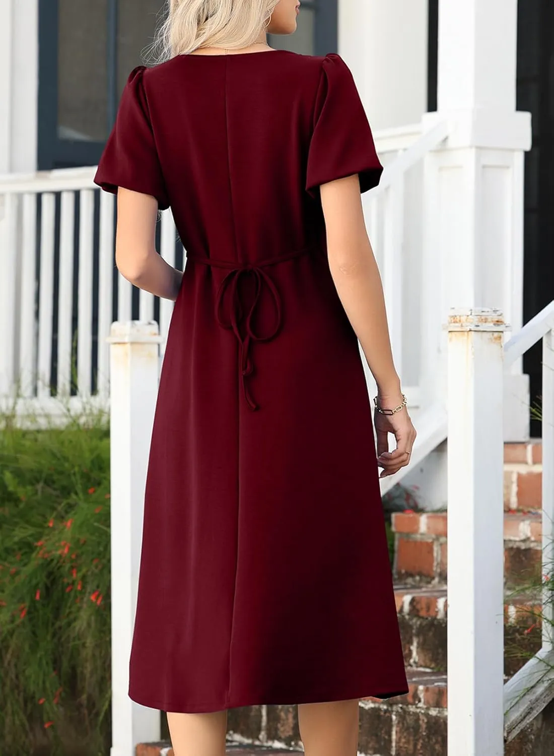 Happy Sailed Women's Summer Short Sleeve Square Neck Ruched Waist Flowy A Line Midi Cocktail Party Dress