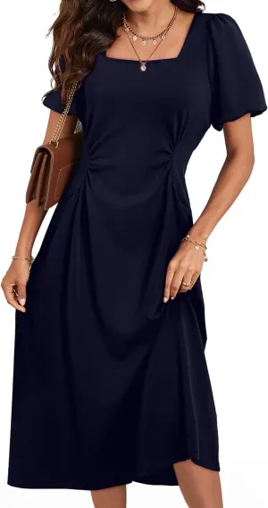 Happy Sailed Women's Summer Short Sleeve Square Neck Ruched Waist Flowy A Line Midi Cocktail Party Dress