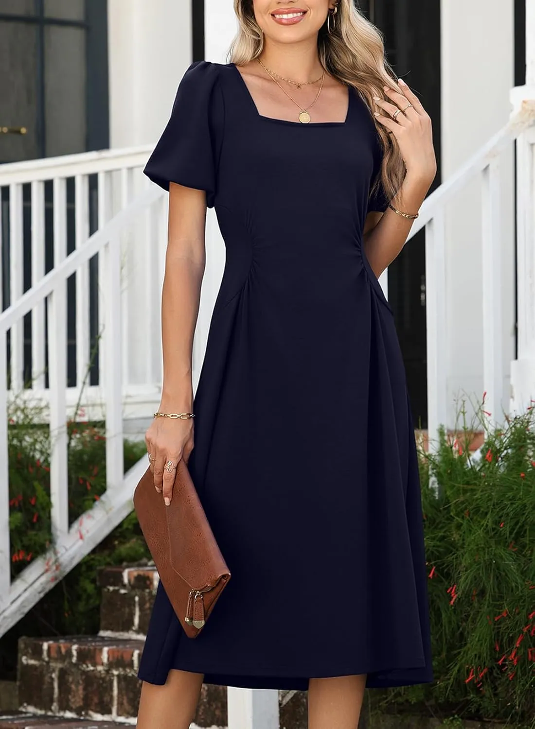 Happy Sailed Women's Summer Short Sleeve Square Neck Ruched Waist Flowy A Line Midi Cocktail Party Dress