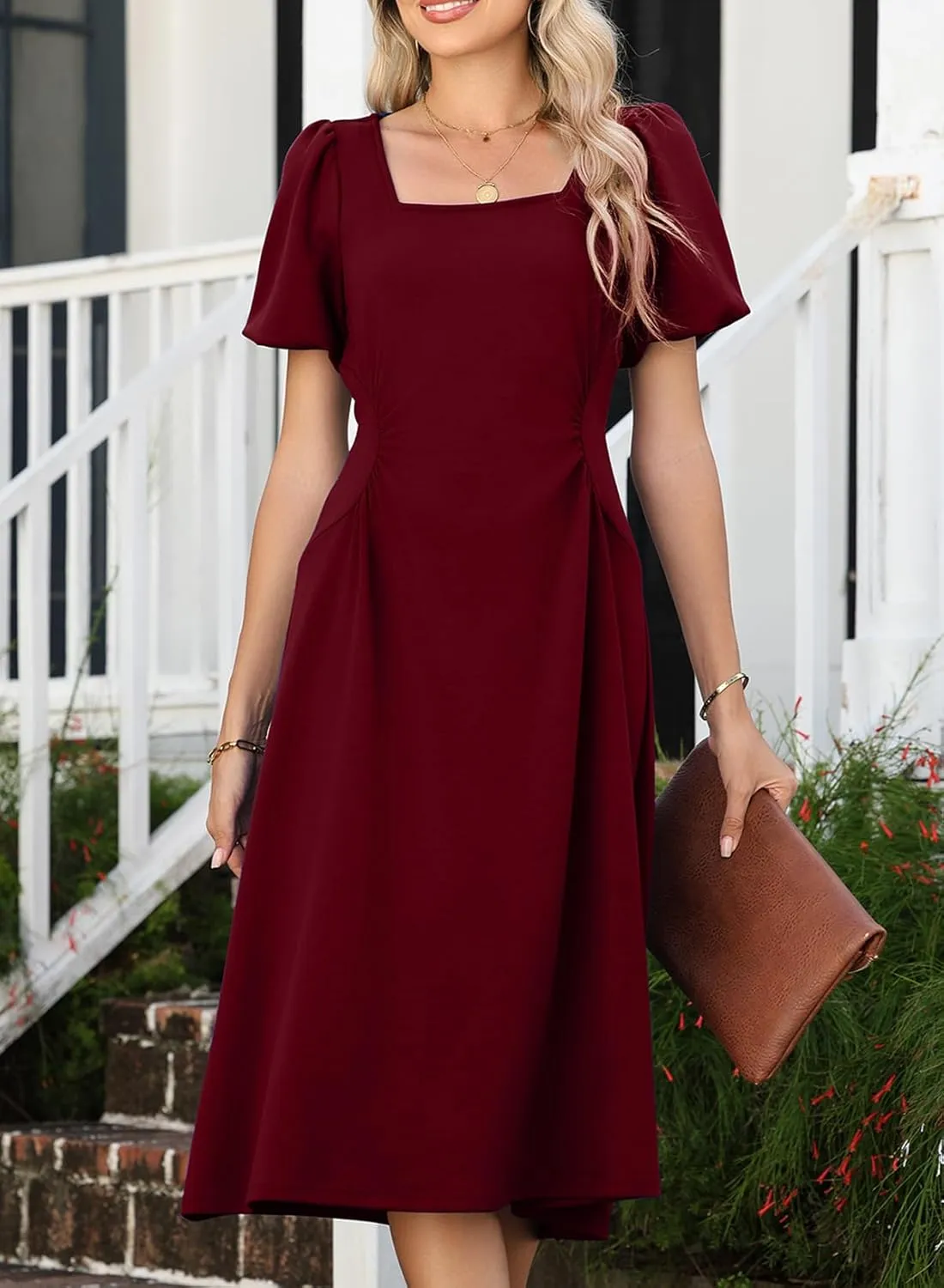 Happy Sailed Women's Summer Short Sleeve Square Neck Ruched Waist Flowy A Line Midi Cocktail Party Dress