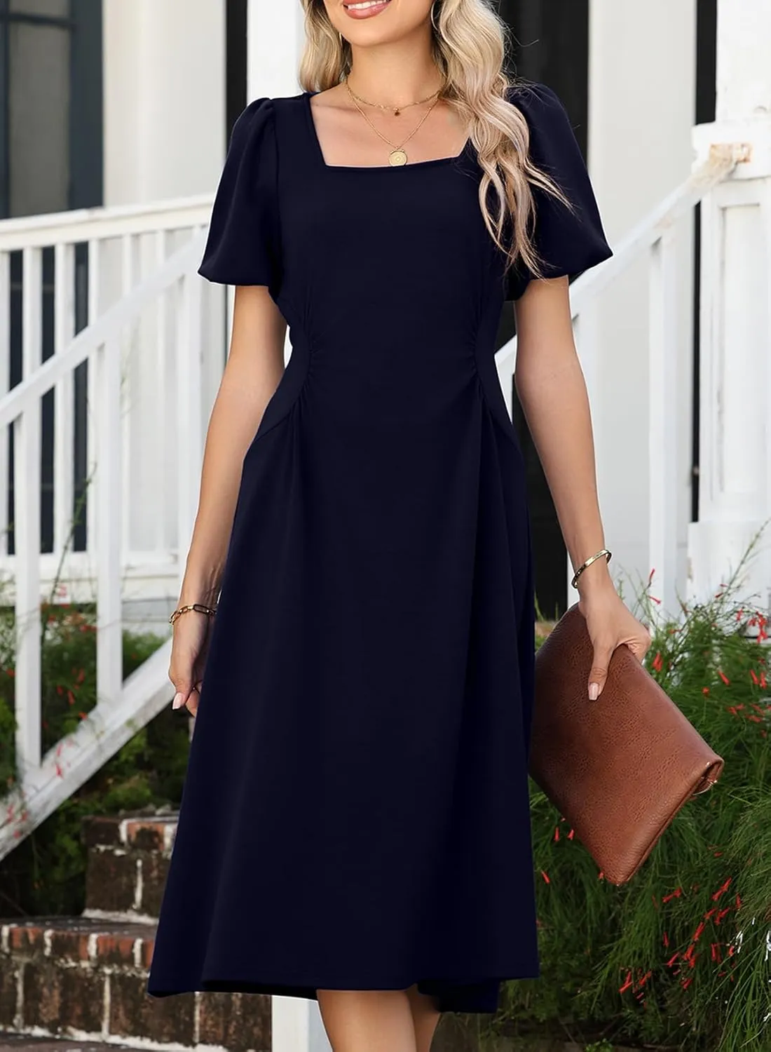 Happy Sailed Women's Summer Short Sleeve Square Neck Ruched Waist Flowy A Line Midi Cocktail Party Dress