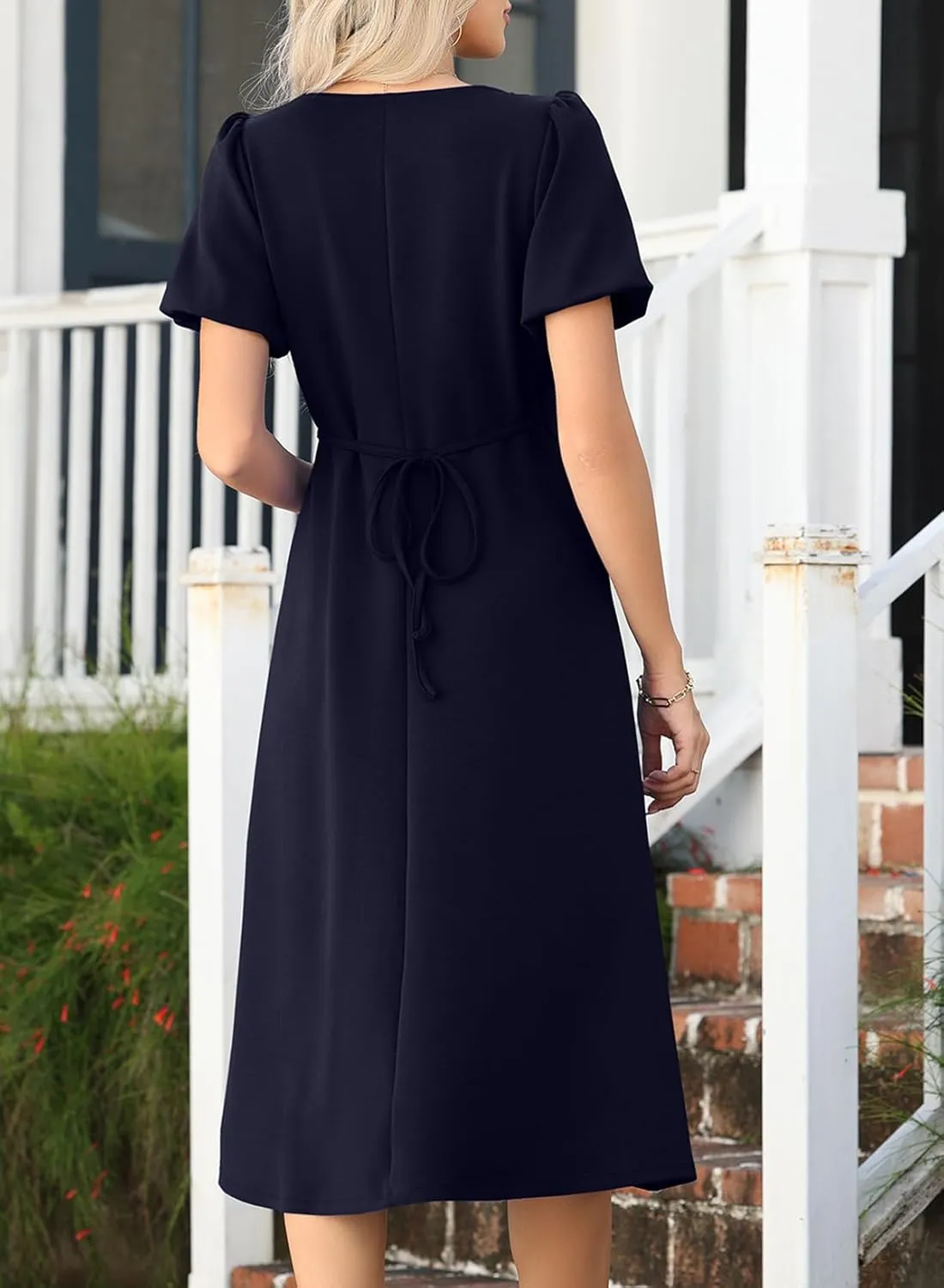 Happy Sailed Women's Summer Short Sleeve Square Neck Ruched Waist Flowy A Line Midi Cocktail Party Dress