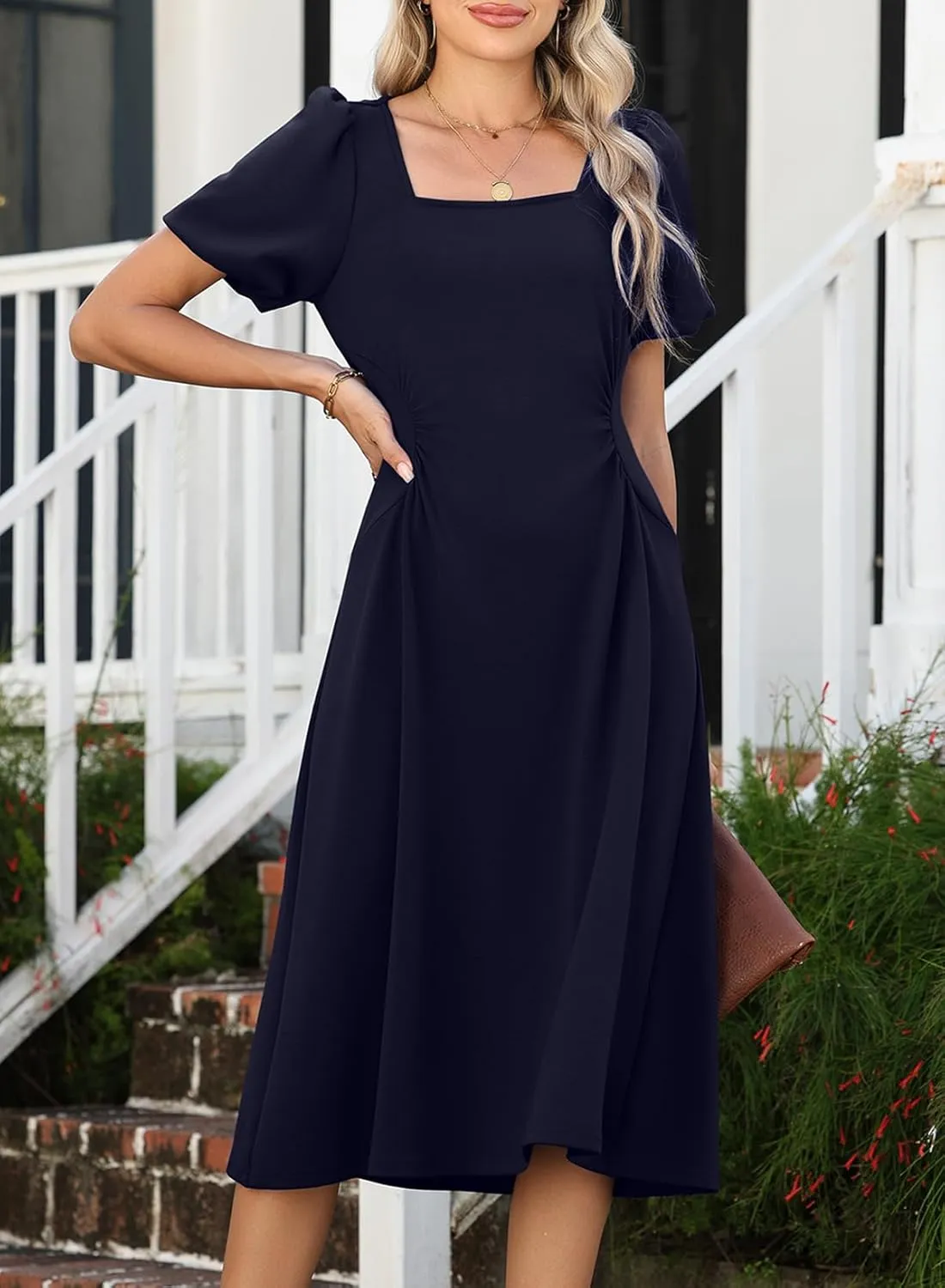 Happy Sailed Women's Summer Short Sleeve Square Neck Ruched Waist Flowy A Line Midi Cocktail Party Dress