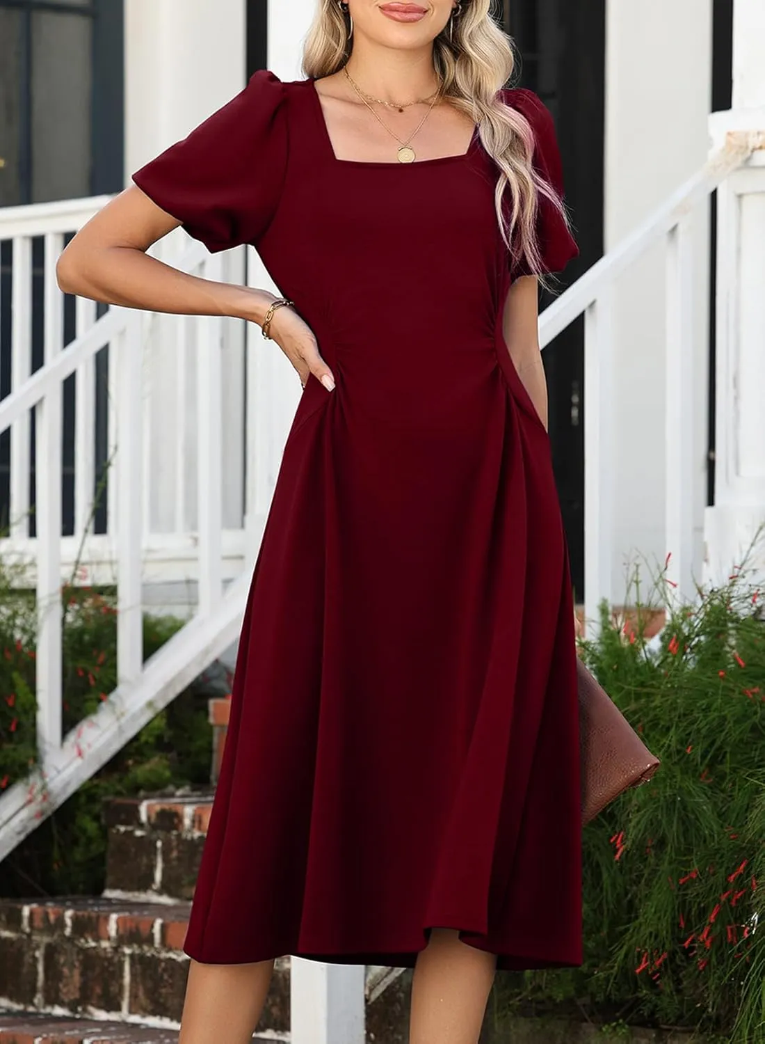 Happy Sailed Women's Summer Short Sleeve Square Neck Ruched Waist Flowy A Line Midi Cocktail Party Dress