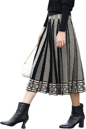 Hdhdeueh Women High Waist Knitted Midi Skirt A-Line Black Elegant Pleated Skirt S