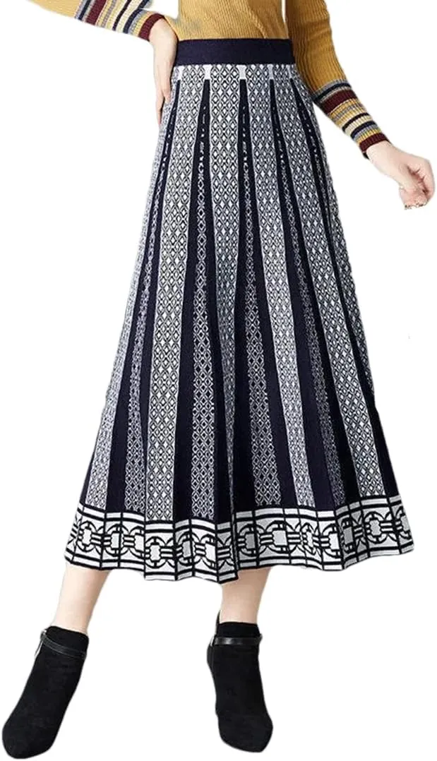 Hdhdeueh Women High Waist Knitted Midi Skirt A-Line Black Elegant Pleated Skirt S