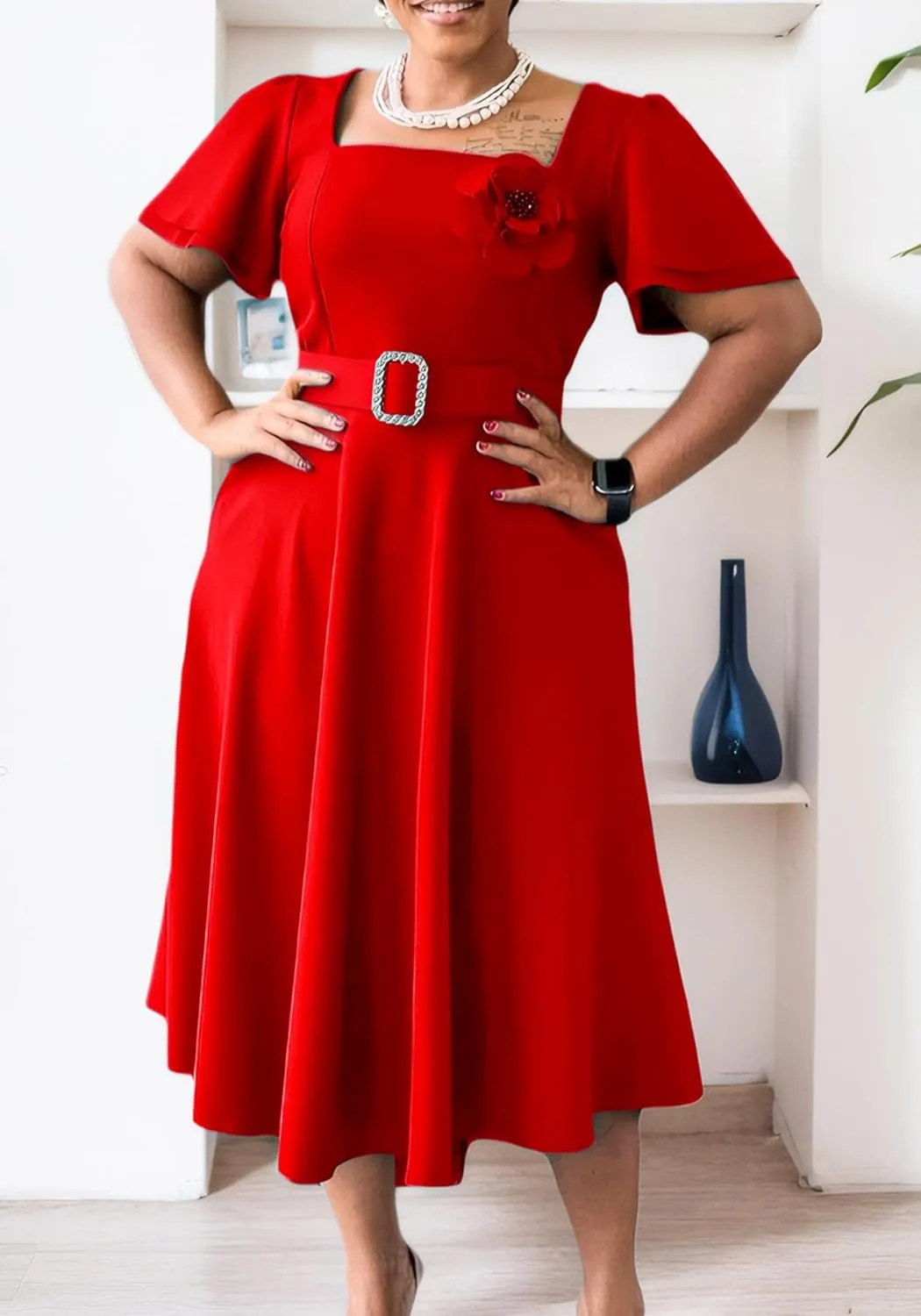 HuiSiFang Women's Plus Size Summer Dress Square Neck High Waist Pleated A Line Midi Dress with Belt