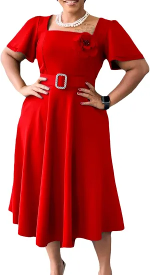 HuiSiFang Women's Plus Size Summer Dress Square Neck High Waist Pleated A Line Midi Dress with Belt