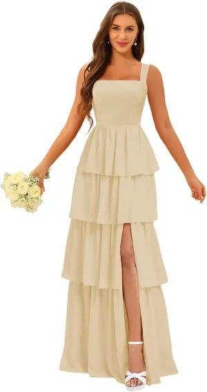 ISABUFEI Tiered Ruffles Bridesmaid Dresses for Women 2025 - V-Neck Backless Chiffon Mermaid Formal Evening Gowns