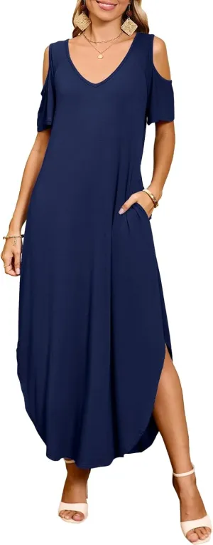 JollieLovin Womens Plus Size Casual Summer Maxi Long Dress Cold Shoulder V Neck Beach Sundresses