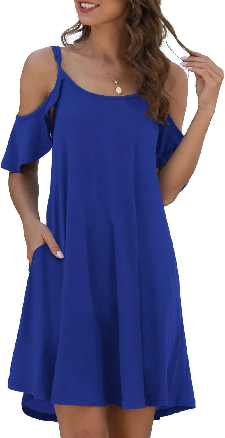 Jouica Women's Summer Casual Spaghetti Strap Sundress Dress Cold Shoulder Ruffle Sleeves Dresses with Pocket