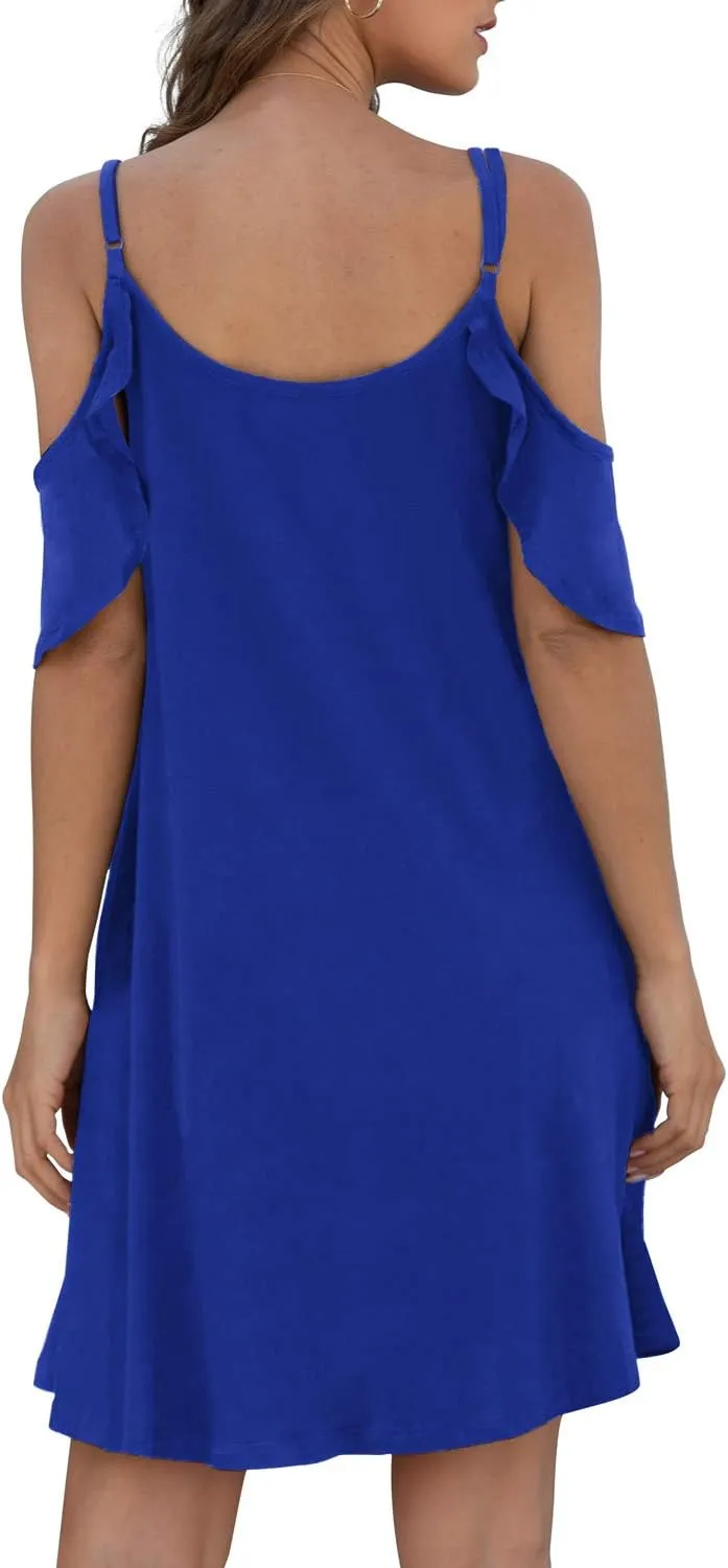 Jouica Women's Summer Casual Spaghetti Strap Sundress Dress Cold Shoulder Ruffle Sleeves Dresses with Pocket