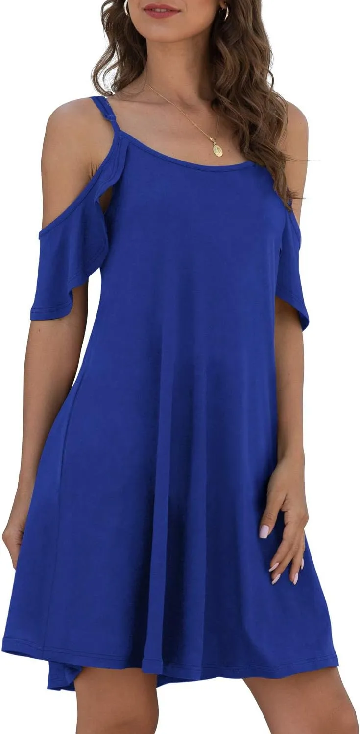 Jouica Women's Summer Casual Spaghetti Strap Sundress Dress Cold Shoulder Ruffle Sleeves Dresses with Pocket