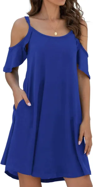 Jouica Women's Summer Casual Spaghetti Strap Sundress Dress Cold Shoulder Ruffle Sleeves Dresses with Pocket
