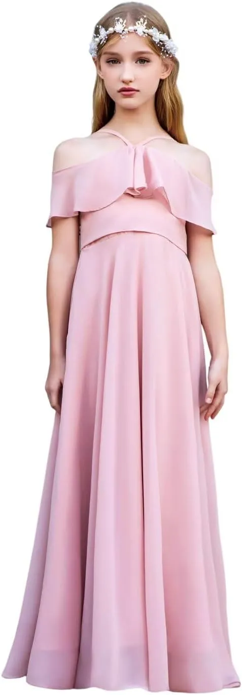 Junior Bridesmaid Dresses Flower Girl Dress Chiffon Maxi Sleeveless A-line for Wedding Teen Girls Party Gowns
