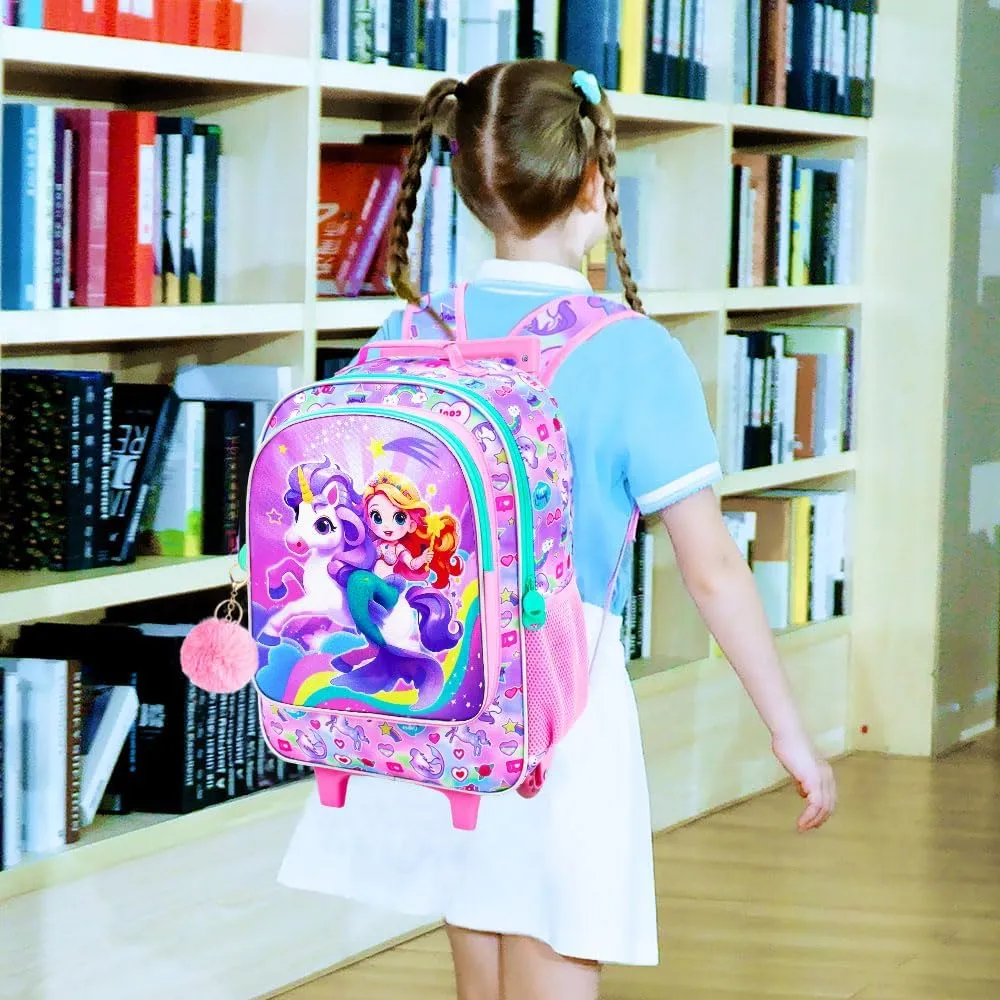 KLFVB Girls Backpack with Wheels, 3PCS Kids Roller Bookbag with Lunch Bag, Wheeled School Bag for Children - Mermaid Unicorn