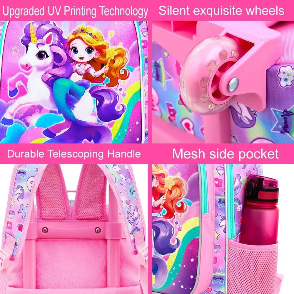 KLFVB Girls Backpack with Wheels, 3PCS Kids Roller Bookbag with Lunch Bag, Wheeled School Bag for Children - Mermaid Unicorn