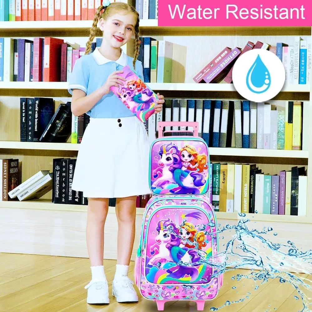 KLFVB Girls Backpack with Wheels, 3PCS Kids Roller Bookbag with Lunch Bag, Wheeled School Bag for Children - Mermaid Unicorn