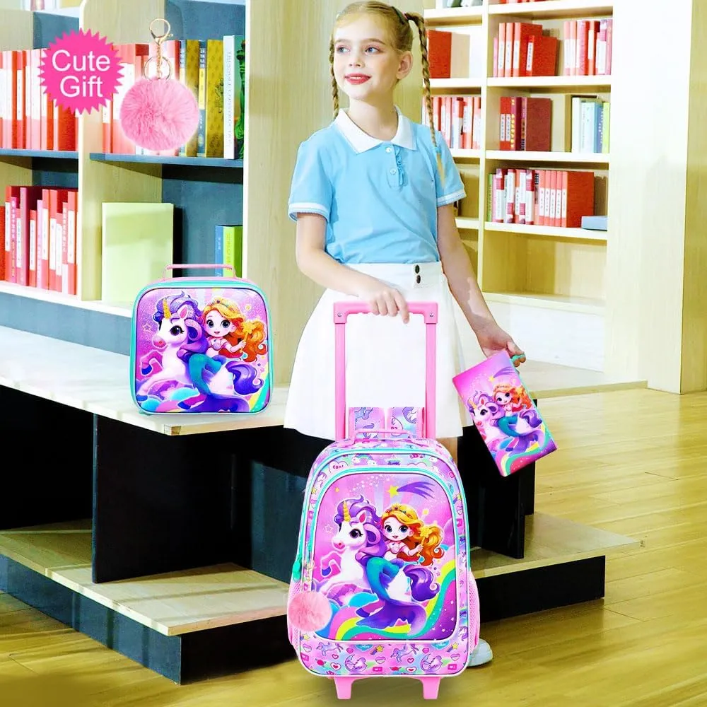 KLFVB Girls Backpack with Wheels, 3PCS Kids Roller Bookbag with Lunch Bag, Wheeled School Bag for Children - Mermaid Unicorn
