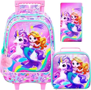 KLFVB Girls Backpack with Wheels, 3PCS Kids Roller Bookbag with Lunch Bag, Wheeled School Bag for Children - Mermaid Unicorn