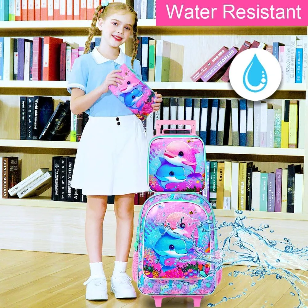KLFVB Rolling Bookbag for Girls, 3PCS Kids Roller Backpack with Lunch Bag, Wheeled School Bag for Children - Dolphins