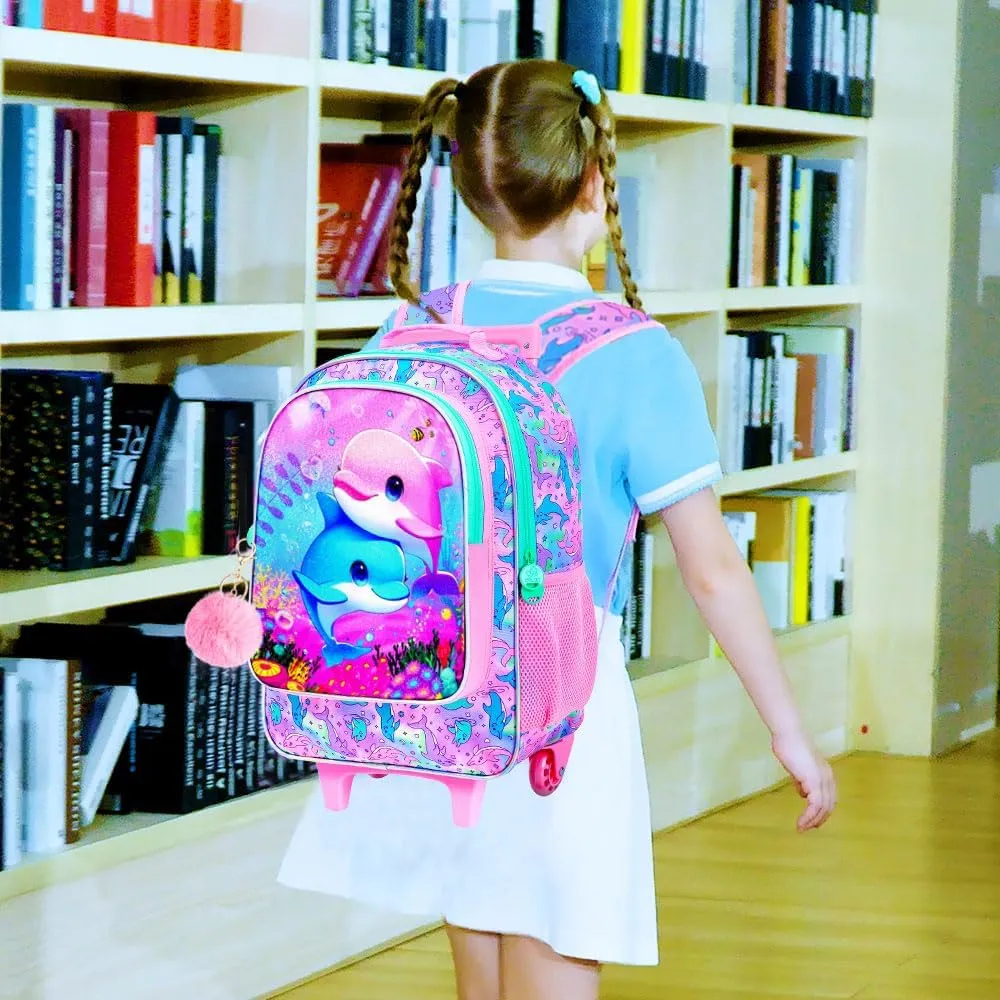 KLFVB Rolling Bookbag for Girls, 3PCS Kids Roller Backpack with Lunch Bag, Wheeled School Bag for Children - Dolphins