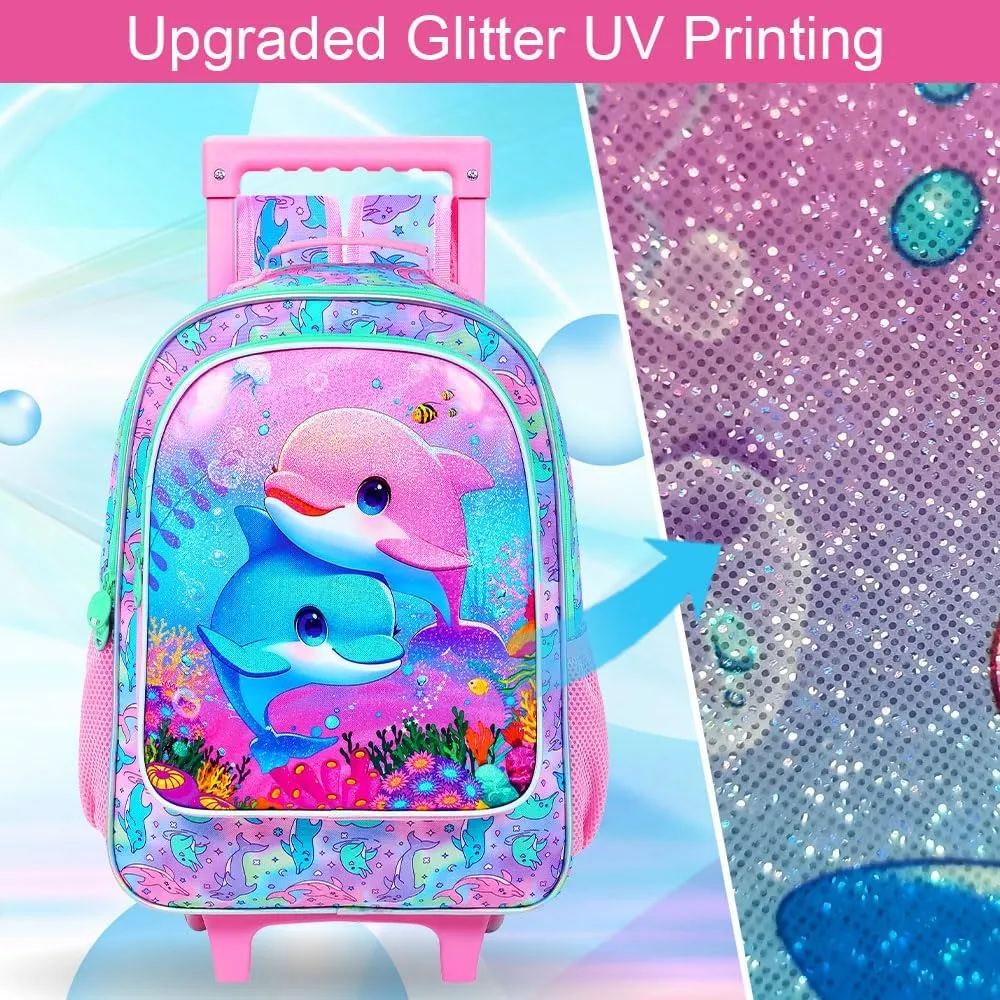 KLFVB Rolling Bookbag for Girls, 3PCS Kids Roller Backpack with Lunch Bag, Wheeled School Bag for Children - Dolphins