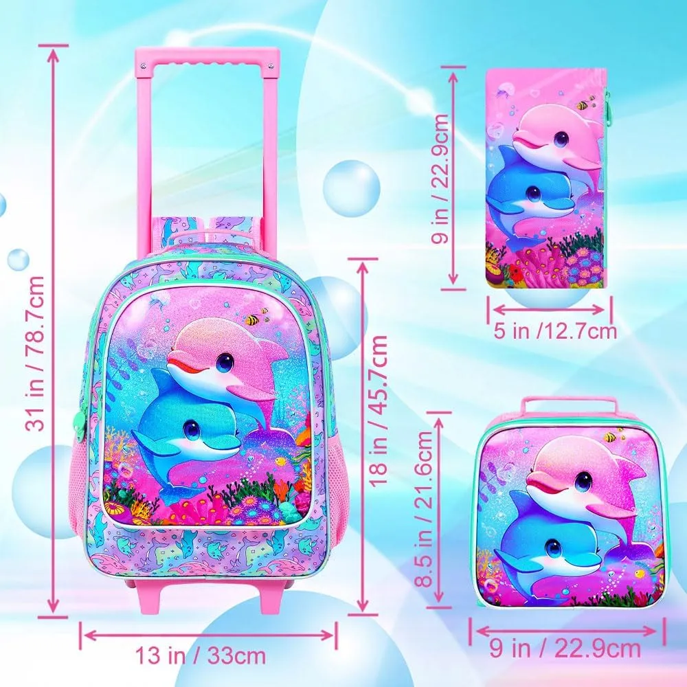 KLFVB Rolling Bookbag for Girls, 3PCS Kids Roller Backpack with Lunch Bag, Wheeled School Bag for Children - Dolphins