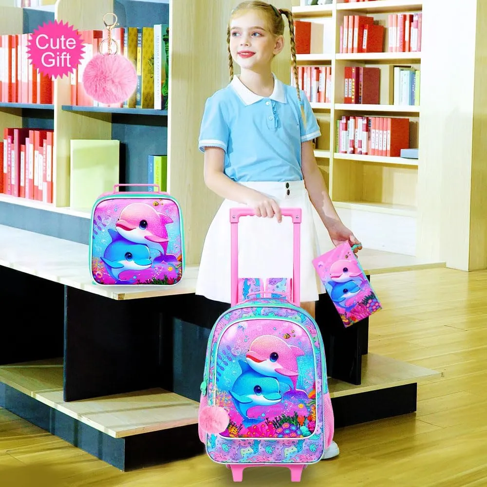 KLFVB Rolling Bookbag for Girls, 3PCS Kids Roller Backpack with Lunch Bag, Wheeled School Bag for Children - Dolphins