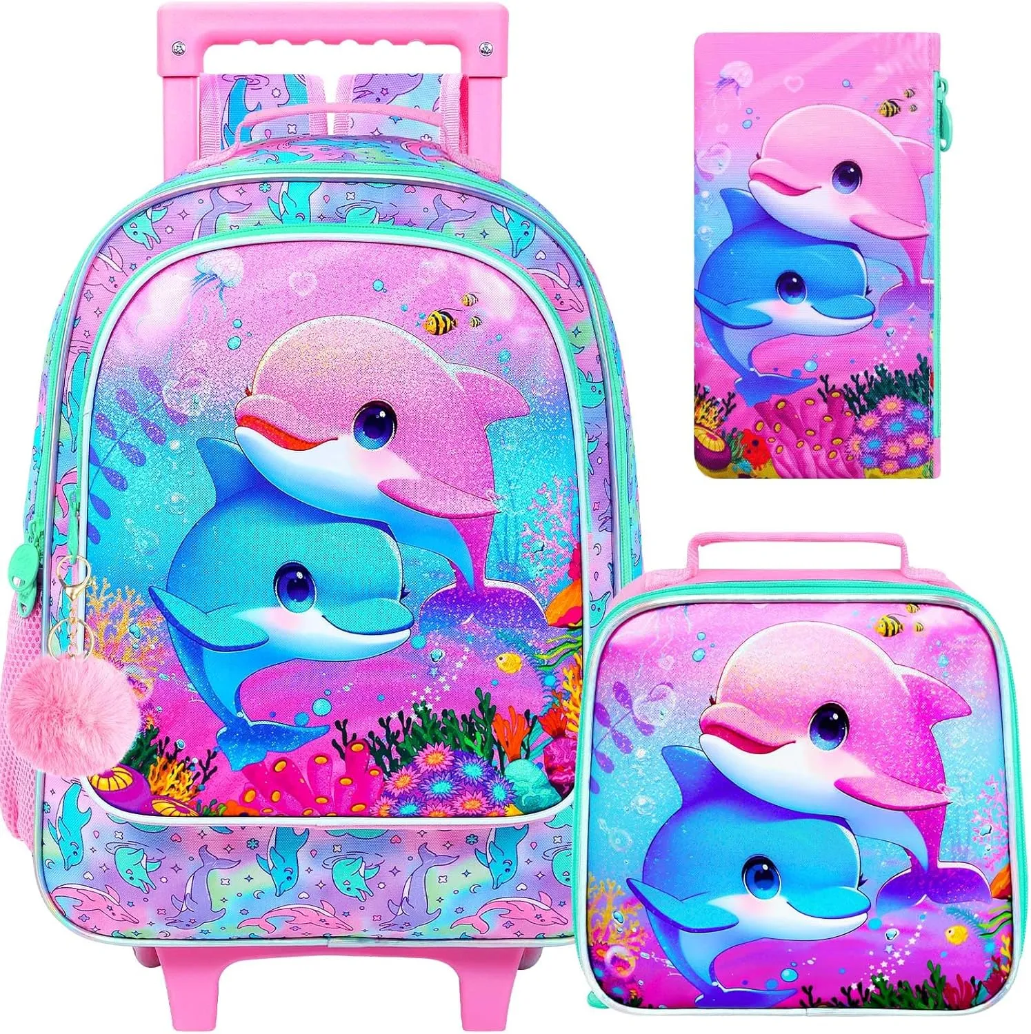 KLFVB Rolling Bookbag for Girls, 3PCS Kids Roller Backpack with Lunch Bag, Wheeled School Bag for Children - Dolphins