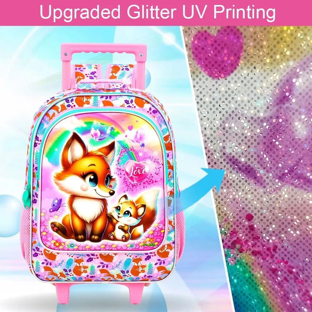 KLFVB Rolling Bookbag for Girls, 3PCS Kids Roller Backpack with Lunch Bag, Wheeled School Bag for Children - Foxes